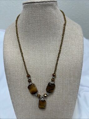 Tiger Eye Beaded Pendant Necklace - Gold Tone